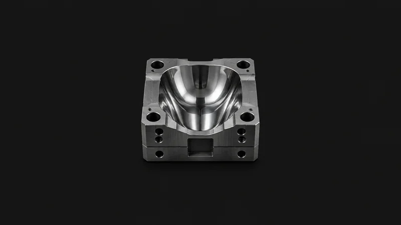 Abstract a mirror-polished cavity surface reflecting a light field motif centred on a seamless deep charcoal near-black studio background, generous empty margin for overlaid branding