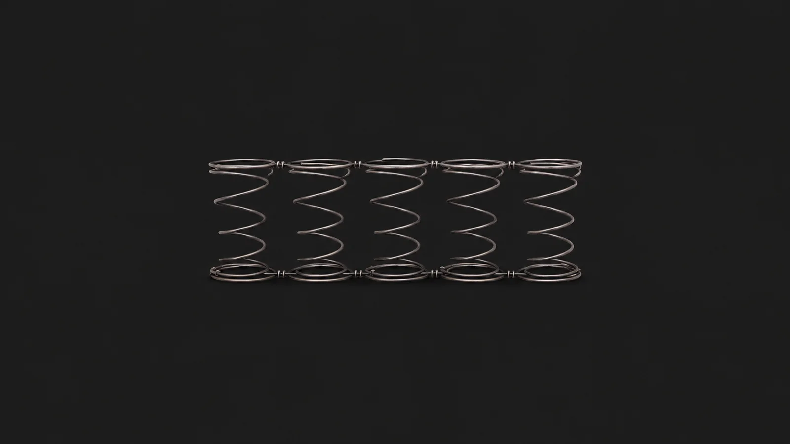 Abstract a row of coiled seat springs in strict alignment motif centred on a seamless deep charcoal near-black studio background, generous empty margin for overlaid branding
