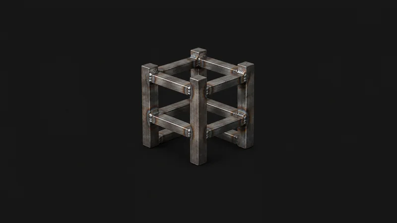 Abstract a lattice of tack-welded steel bars motif centred on a seamless deep charcoal near-black studio background, generous empty margin for overlaid branding