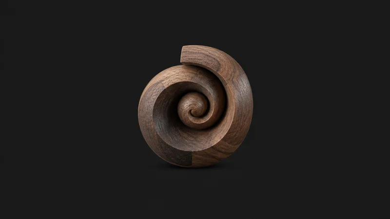 Abstract a spiral of turned wood grain on a lathe blank motif centred on a seamless deep charcoal near-black studio background, generous empty margin for overlaid branding