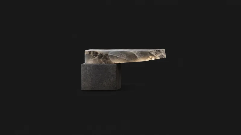 Abstract a cantilevered slab of translucent stone hovering over a plinth motif centred on a seamless deep charcoal near-black studio background, generous empty margin for overlaid branding