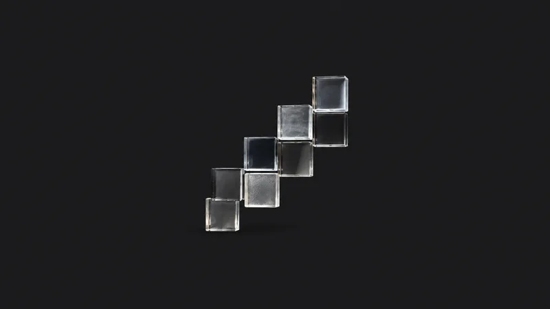 Abstract a matrix of glass tiles rearranging into a clear diagonal motif centred on a seamless deep charcoal near-black studio background, generous empty margin for overlaid branding