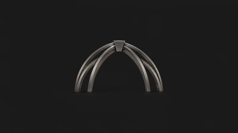 Abstract a vault of thin arches converging into a single keystone motif centred on a seamless deep charcoal near-black studio background, generous empty margin for overlaid branding