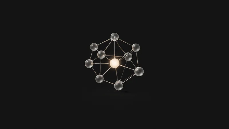 Abstract a lattice of connected nodes with one node lit brighter motif centred on a seamless deep charcoal near-black studio background, generous empty margin for overlaid branding