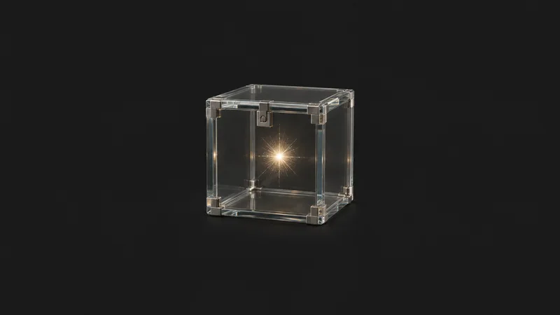 Abstract a locked cube of glass panels enclosing a bright spark motif centred on a seamless deep charcoal near-black studio background, generous empty margin for overlaid branding