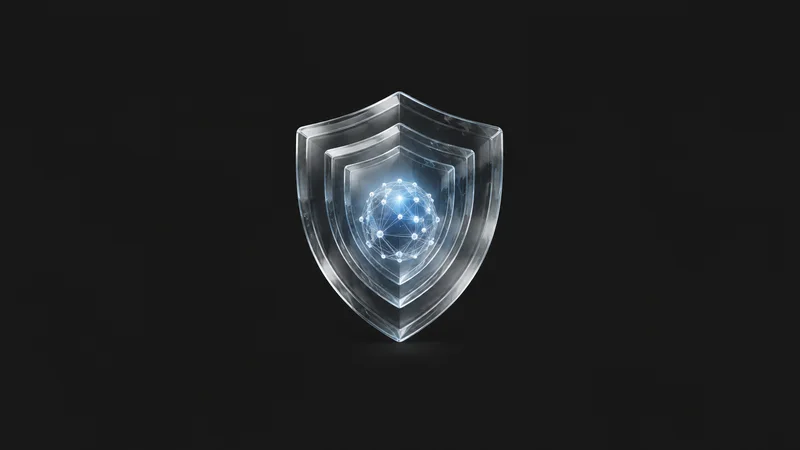 Abstract a layered stack of translucent shields wrapping a glowing core network motif centred on a seamless deep charcoal near-black studio background, generous empty margin for overlaid branding