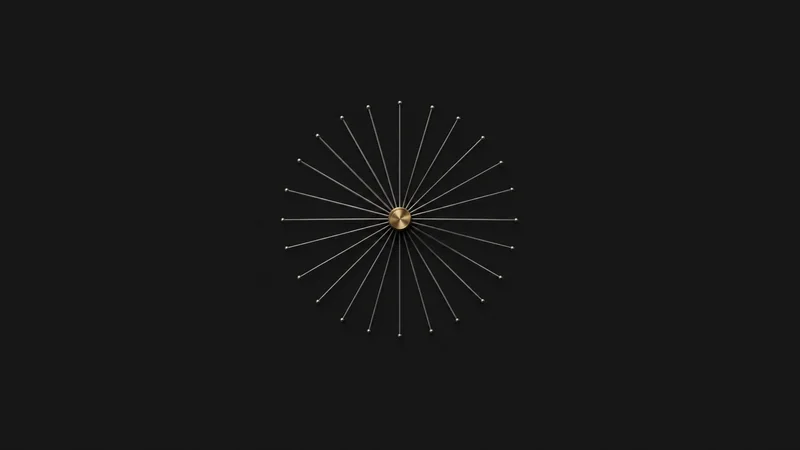 Abstract a fan of sightlines radiating from a single brass pin motif centred on a seamless deep charcoal near-black studio background, generous empty margin for overlaid branding