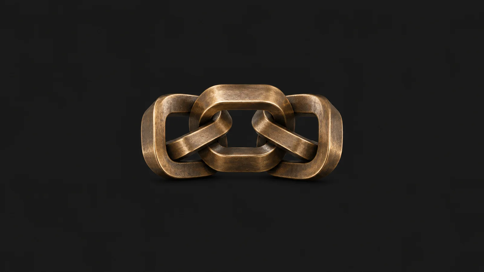 Abstract a lattice of interlocking bronze clauses cast as a chain link motif centred on a seamless deep charcoal near-black studio background, generous empty margin for overlaid branding
