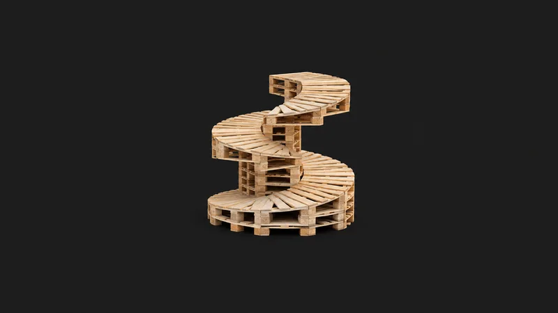 Abstract a spiral ramp of stacked pale wooden pallets motif centred on a seamless deep charcoal near-black studio background, generous empty margin for overlaid branding