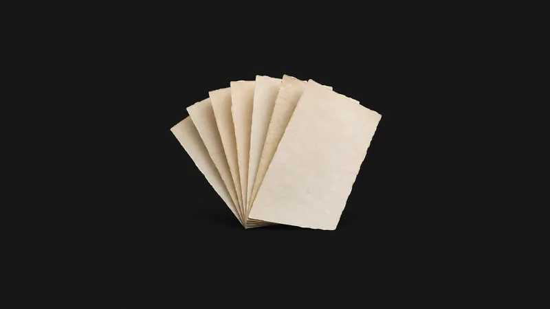 Abstract a stack of parchment sheets fanned like a folded fan motif centred on a seamless deep charcoal near-black studio background, generous empty margin for overlaid branding