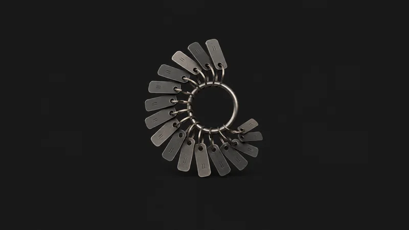 Abstract a spiral of numbered key tags orbiting a central ring motif centred on a seamless deep charcoal near-black studio background, generous empty margin for overlaid branding