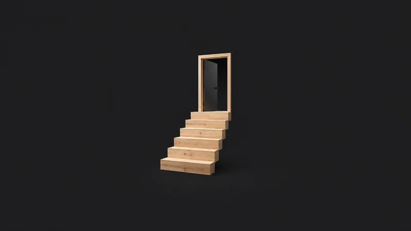 Abstract a rising staircase of pale timber treads leading to a doorway motif centred on a seamless deep charcoal near-black studio background, generous empty margin for overlaid branding