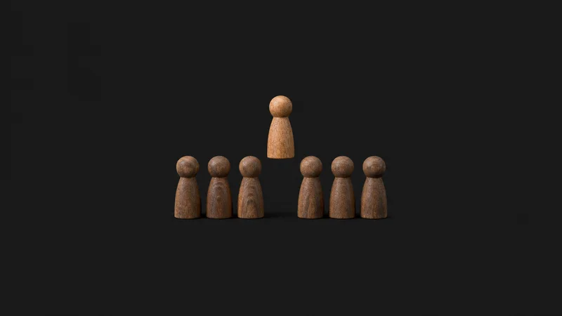 Abstract a wooden peg rising above a row of matched wooden pegs motif centred on a seamless deep charcoal near-black studio background, generous empty margin for overlaid branding