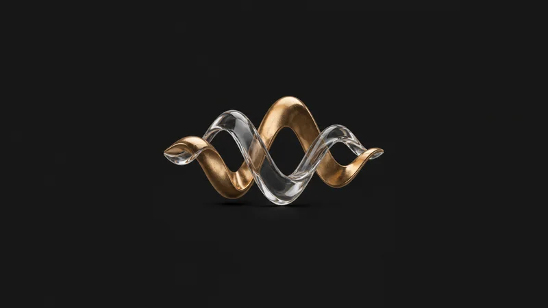 Abstract a pair of interlocking sound waves rendered in bronze and glass motif centred on a seamless deep charcoal near-black studio background, generous empty margin for overlaid branding