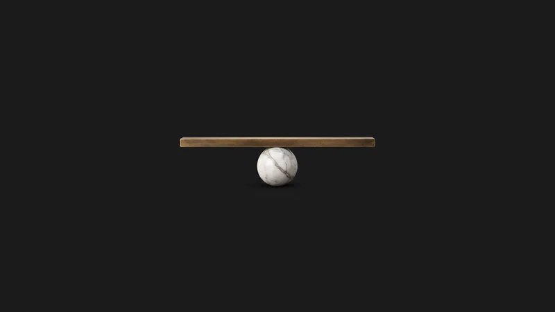 Abstract a balanced fulcrum of a single bronze beam on a marble pivot motif centred on a seamless deep charcoal near-black studio background, generous empty margin for overlaid branding