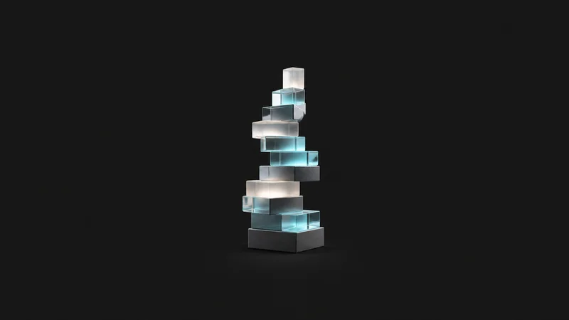 Abstract a spiral of luminous blocks assembling into a tower motif centred on a seamless deep charcoal near-black studio background, generous empty margin for overlaid branding