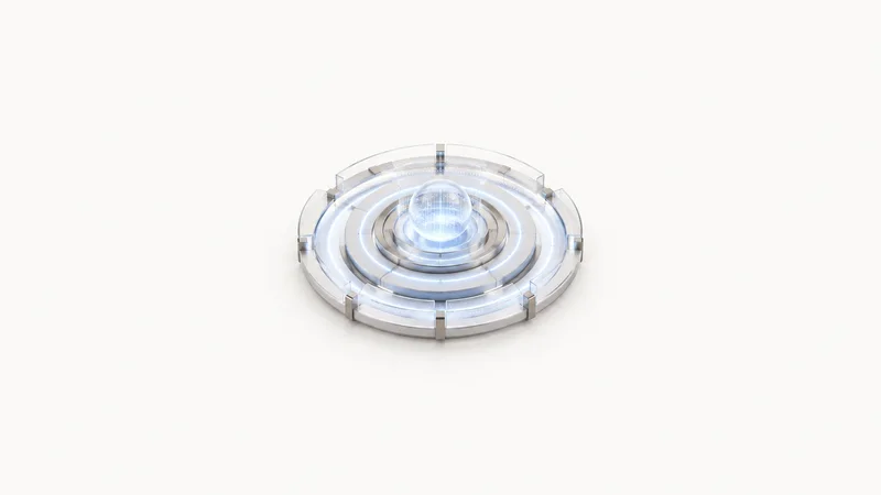 Abstract concentric rings of pulsing light spreading from a central node motif centred on a seamless pale off-white studio background, generous empty margin for overlaid branding