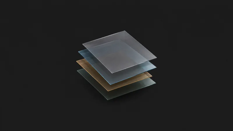 Abstract stacked layers of tinted acetate offset like a layout composite motif centred on a seamless deep charcoal near-black studio background, generous empty margin for overlaid branding