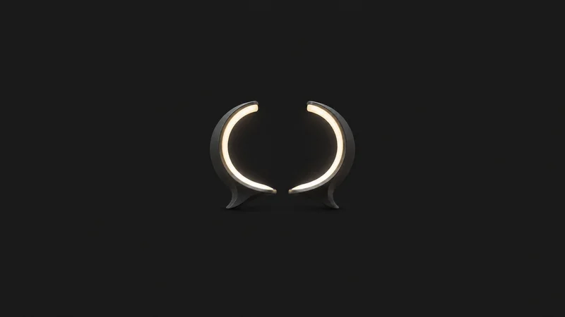 Abstract two soft speech-like arcs of light meeting in the centre motif centred on a seamless deep charcoal near-black studio background, generous empty margin for overlaid branding