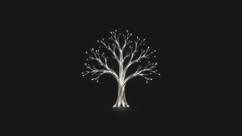 Abstract a branching tree of glowing lines forking and merging into a trunk motif centred on a seamless deep charcoal near-black studio background, generous empty margin for overlaid branding