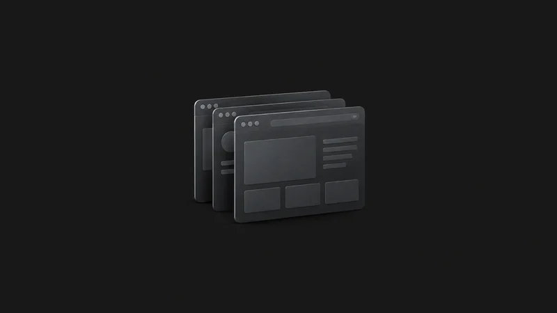 Abstract a stack of browser-window silhouettes fanned in perspective motif centred on a seamless deep charcoal near-black studio background, generous empty margin for overlaid branding