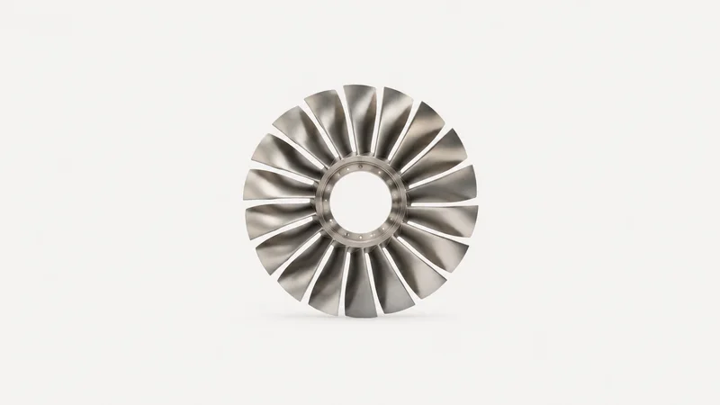 Abstract a fanned ring of engine fan-blade silhouettes motif centred on a seamless pale off-white studio background, generous empty margin for overlaid branding