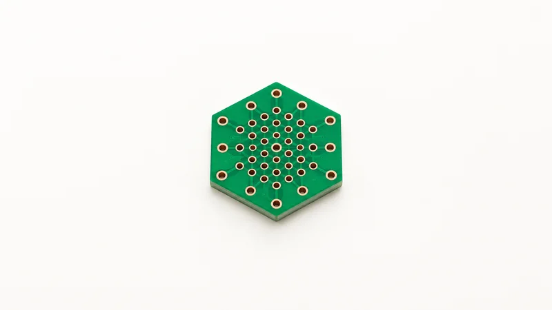 Abstract a green solder-mask field of via holes in a hexagonal pattern motif centred on a seamless pale off-white studio background, generous empty margin for overlaid branding
