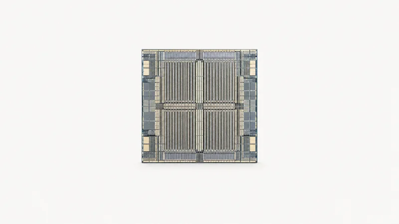 Abstract a lattice of nanometre transistor gates rendered as fine parallel lines motif centred on a seamless pale off-white studio background, generous empty margin for overlaid branding