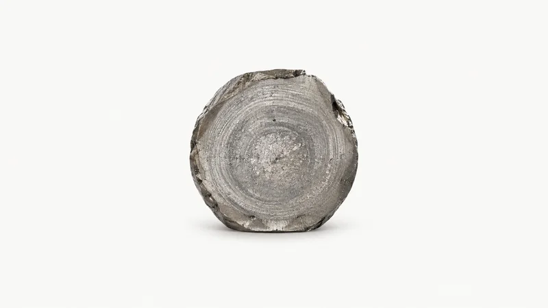 Abstract concentric solidification rings on a cut ingot face motif centred on a seamless pale off-white studio background, generous empty margin for overlaid branding