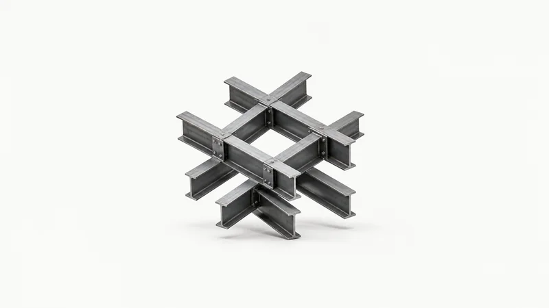 Abstract a diagonal grid of heavy steel I-beams motif centred on a seamless pale off-white studio background, generous empty margin for overlaid branding