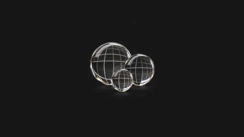 Abstract a cluster of glass spheres bending a light grid motif centred on a seamless deep charcoal near-black studio background, generous empty margin for overlaid branding