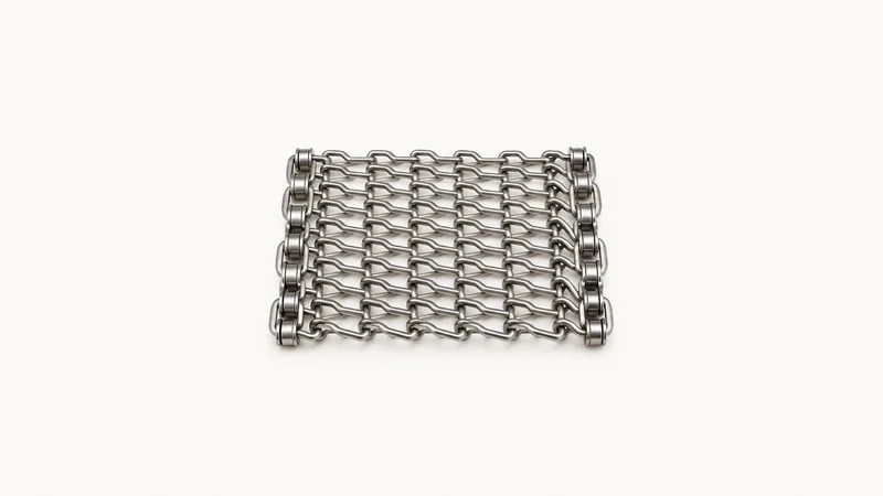 Abstract a woven mesh of stainless conveyor links catching the light motif centred on a seamless pale off-white studio background, generous empty margin for overlaid branding