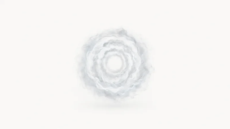 Abstract concentric rings of laminar airflow rendered as pale mist motif centred on a seamless pale off-white studio background, generous empty margin for overlaid branding