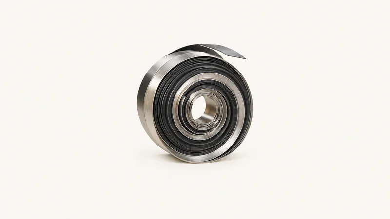 Abstract layered concentric spirals of dark and bright metal motif centred on a seamless pale off-white studio background, generous empty margin for overlaid branding