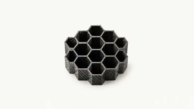 Abstract a geometric honeycomb receding into darkness motif centred on a seamless pale off-white studio background, generous empty margin for overlaid branding
