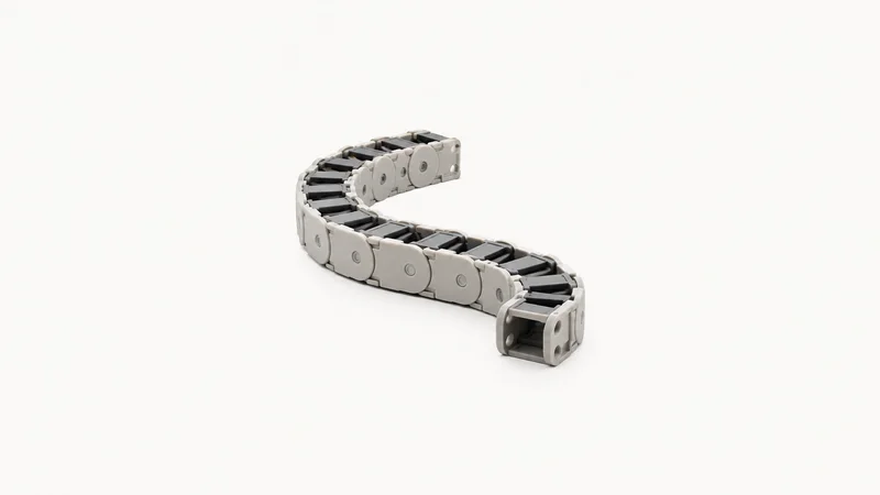 Abstract a chain of linked plastic segments coiling through darkness motif centred on a seamless pale off-white studio background, generous empty margin for overlaid branding