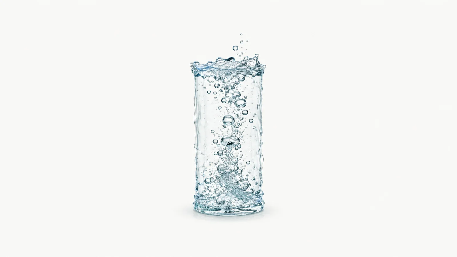 Abstract a cascade of fine bubbles rising through a clear column motif centred on a seamless pale off-white studio background, generous empty margin for overlaid branding