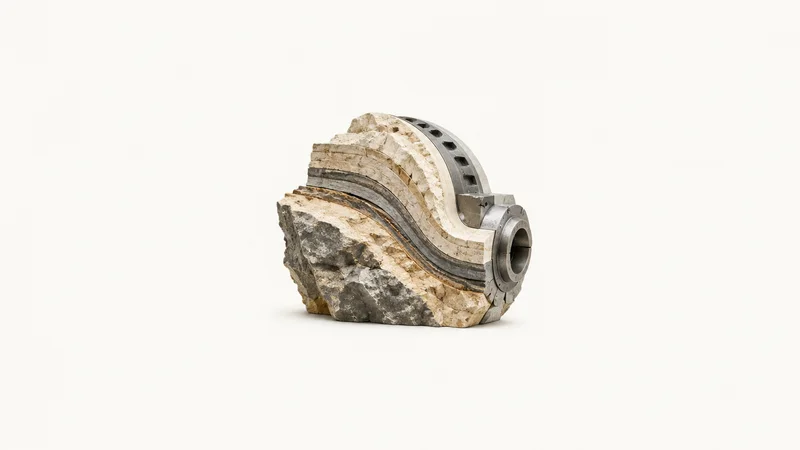 Abstract stratified rock layers curving through the frame motif centred on a seamless pale off-white studio background, generous empty margin for overlaid branding