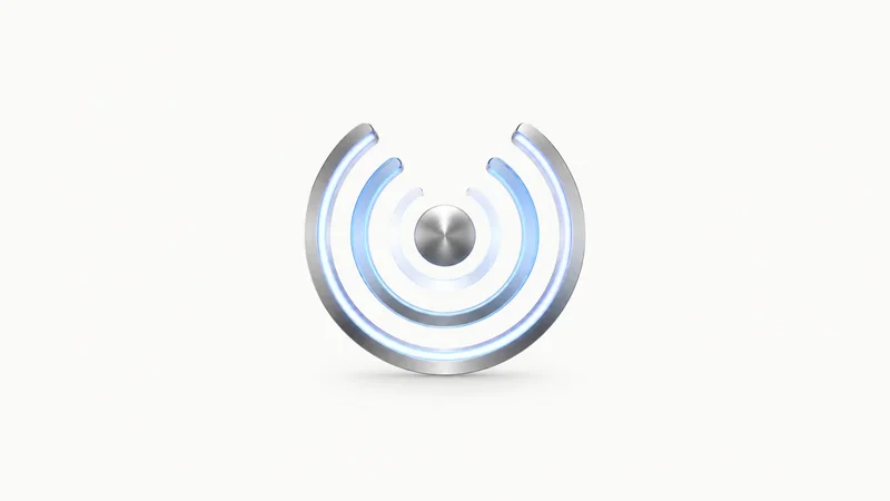 Abstract concentric pulses of signal rendered as glowing arcs motif centred on a seamless pale off-white studio background, generous empty margin for overlaid branding