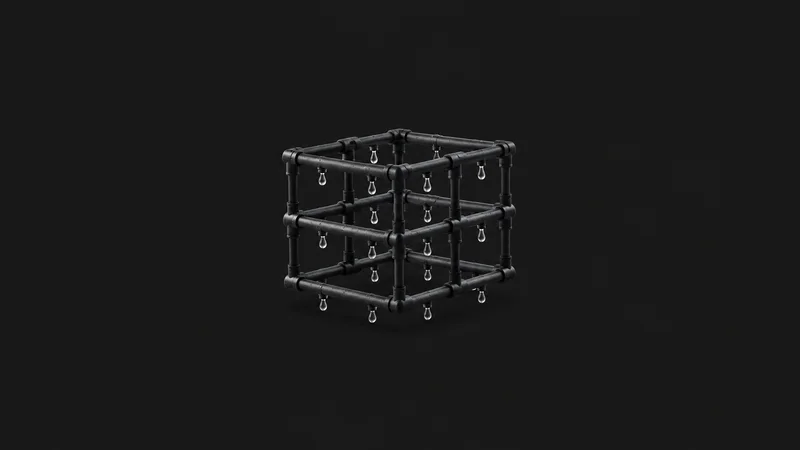 Abstract a lattice of drip-irrigation lines dripping suspended droplets motif centred on a seamless deep charcoal near-black studio background, generous empty margin for overlaid branding