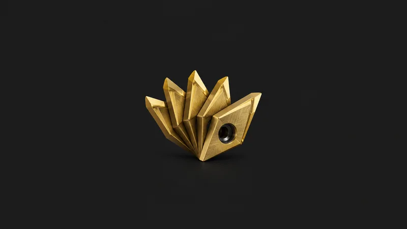 Abstract a parallel stack of gold-coated carbide cutting edges fanned like cards motif centred on a seamless deep charcoal near-black studio background, generous empty margin for overlaid branding