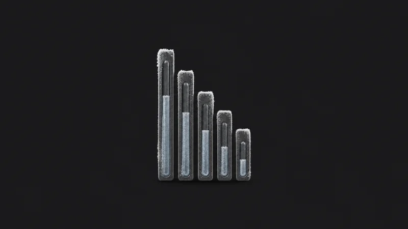 Abstract a vertical column of frost-fringed thermometer bars stepping downward motif centred on a seamless deep charcoal near-black studio background, generous empty margin for overlaid branding