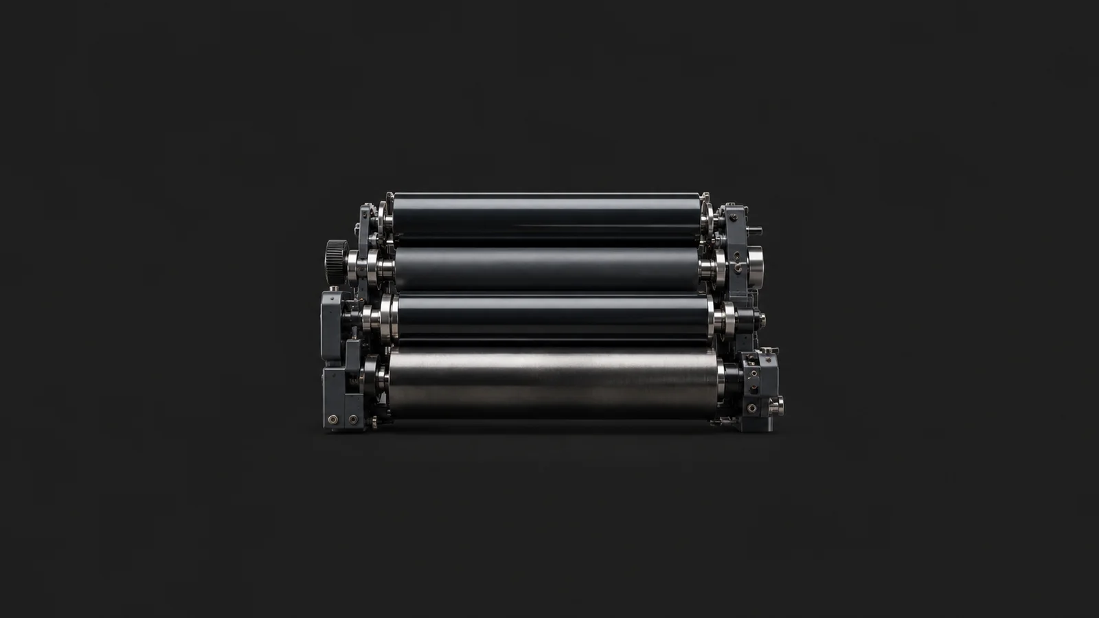 Abstract an ink-roller train of glossy cylinders nested in profile motif centred on a seamless deep charcoal near-black studio background, generous empty margin for overlaid branding