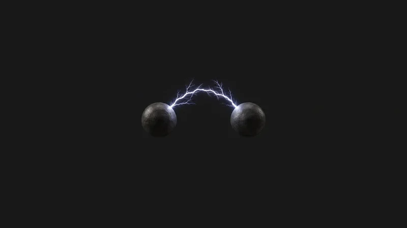 Abstract a curving arc of electric discharge between two spheres motif centred on a seamless deep charcoal near-black studio background, generous empty margin for overlaid branding
