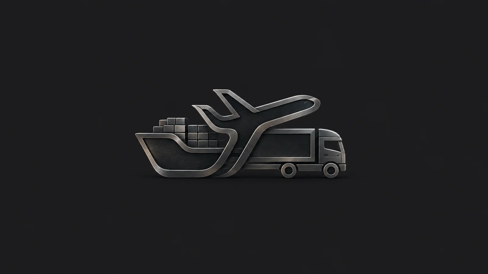 Abstract a chain of nested ship and plane and lorry outlines interlocking motif centred on a seamless deep charcoal near-black studio background, generous empty margin for overlaid branding