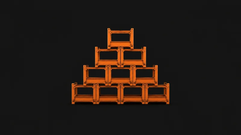 Abstract a lattice of orange tote outlines stacking into a pyramid motif centred on a seamless deep charcoal near-black studio background, generous empty margin for overlaid branding