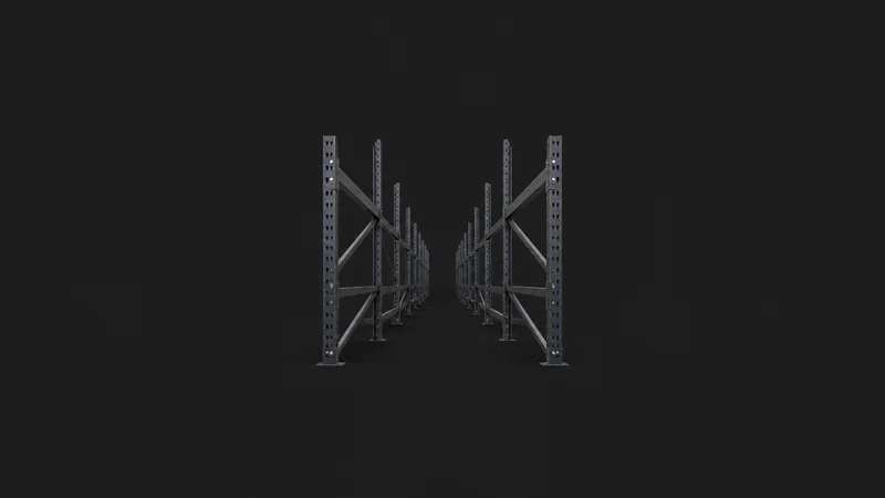 Abstract a perspective corridor of pallet-rack uprights receding to a point motif centred on a seamless deep charcoal near-black studio background, generous empty margin for overlaid branding