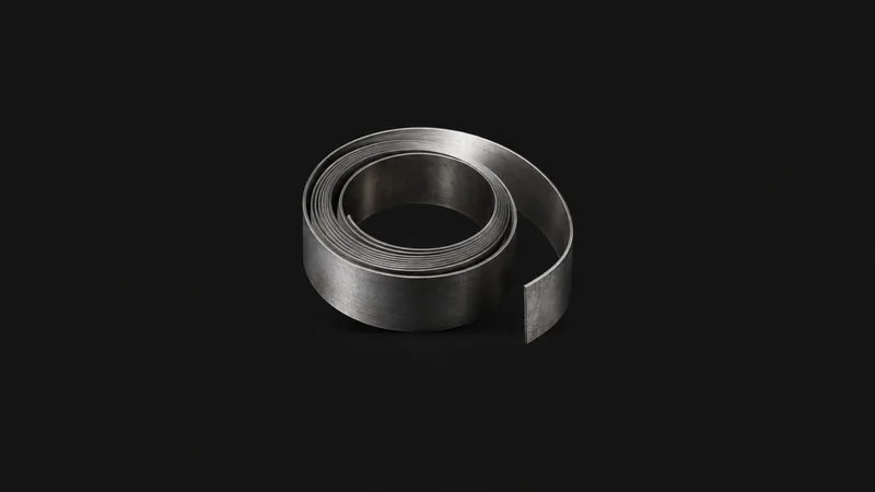Abstract a spiralling coil of steel strip catching a single highlight motif centred on a seamless deep charcoal near-black studio background, generous empty margin for overlaid branding