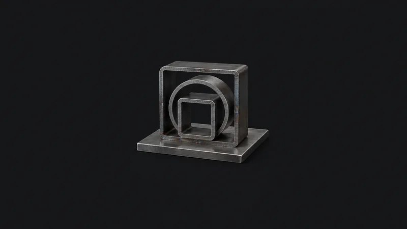 Abstract a nested arrangement of laser-cut steel profiles on a plate motif centred on a seamless deep charcoal near-black studio background, generous empty margin for overlaid branding
