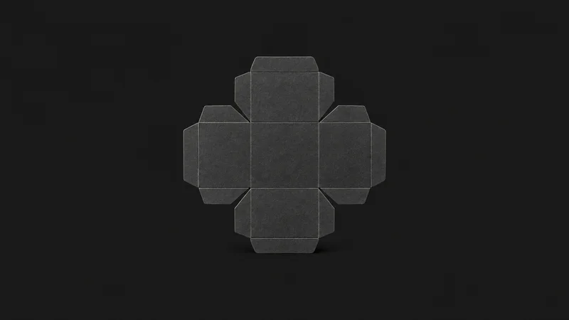 Abstract a lattice of scored crease lines radiating across board motif centred on a seamless deep charcoal near-black studio background, generous empty margin for overlaid branding
